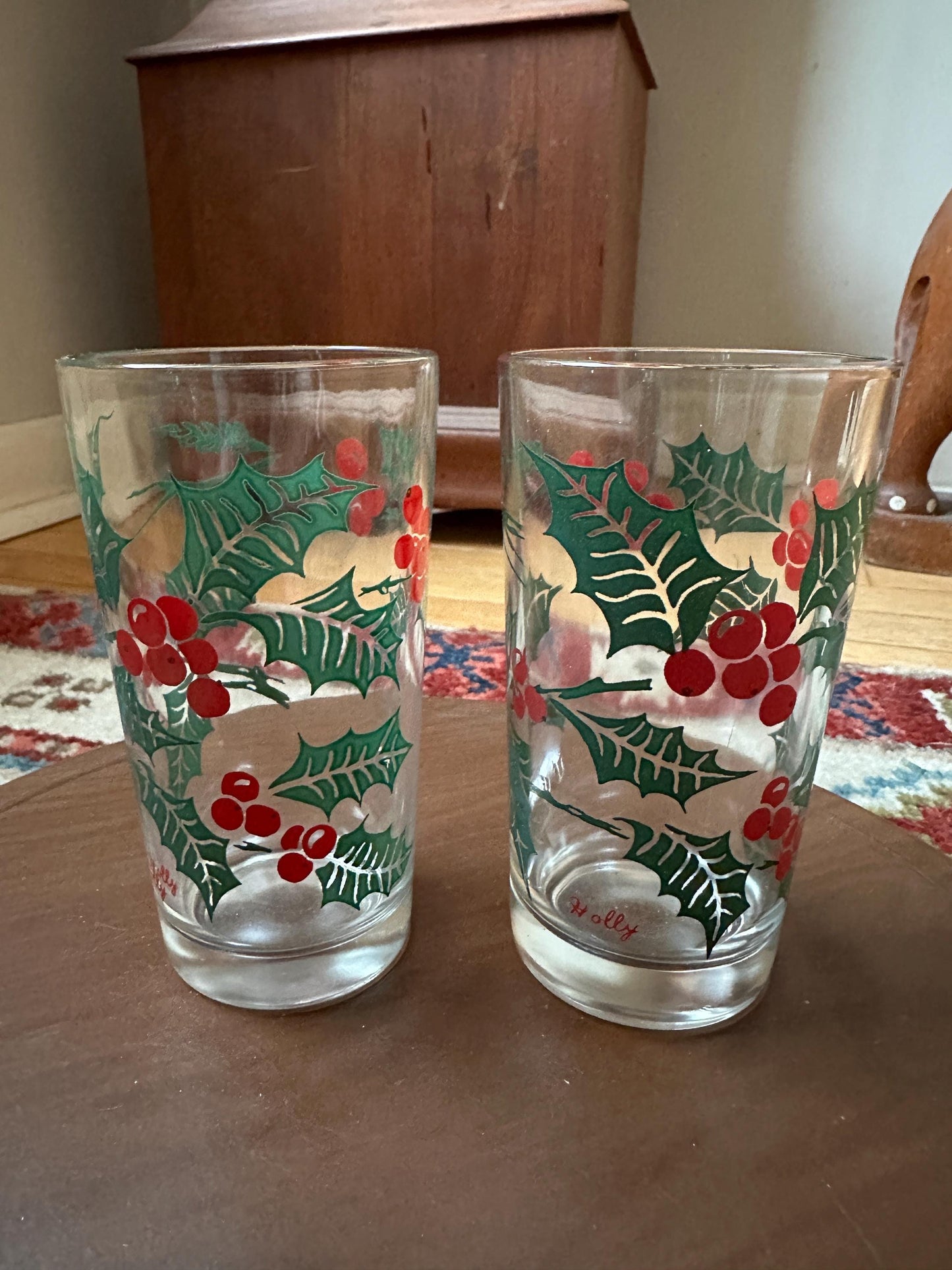 Vintage Bartlett Collins Holly Glasses, Mid-Century Christmas Tumblers (Set of 2)