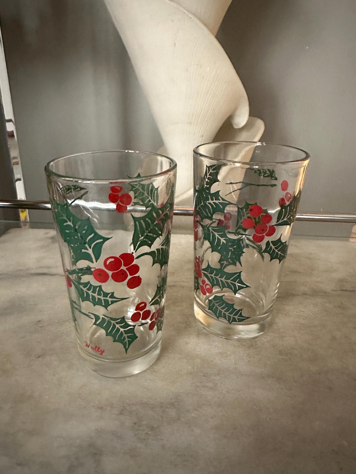Vintage Bartlett Collins Holly Glasses, Mid-Century Christmas Tumblers (Set of 2)