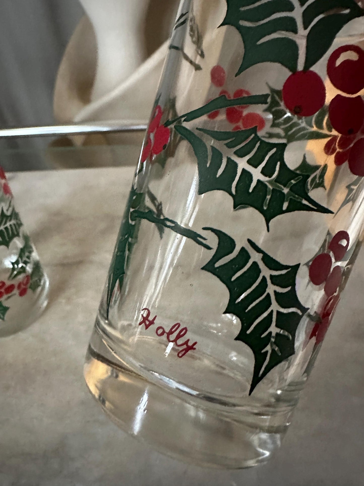 Vintage Bartlett Collins Holly Glasses, Mid-Century Christmas Tumblers (Set of 2)