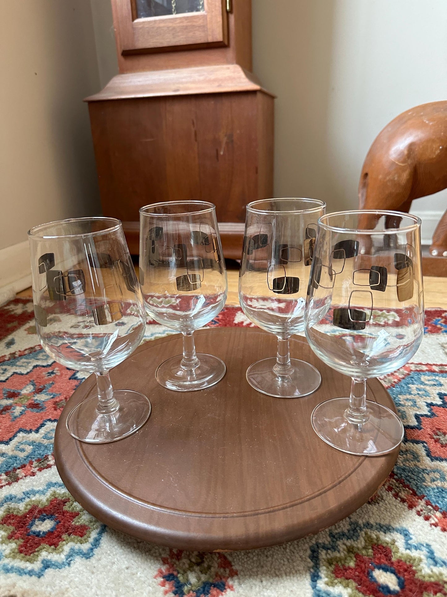 Vintage MCM Cocktail Barware – Set of 4 Wine Goblets w/ Silver Geometric Design | Mid-Century Modern Glassware