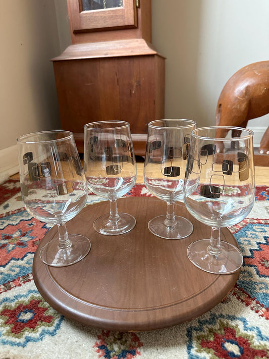 Vintage MCM Cocktail Barware – Set of 4 Wine Goblets w/ Silver Geometric Design | Mid-Century Modern Glassware