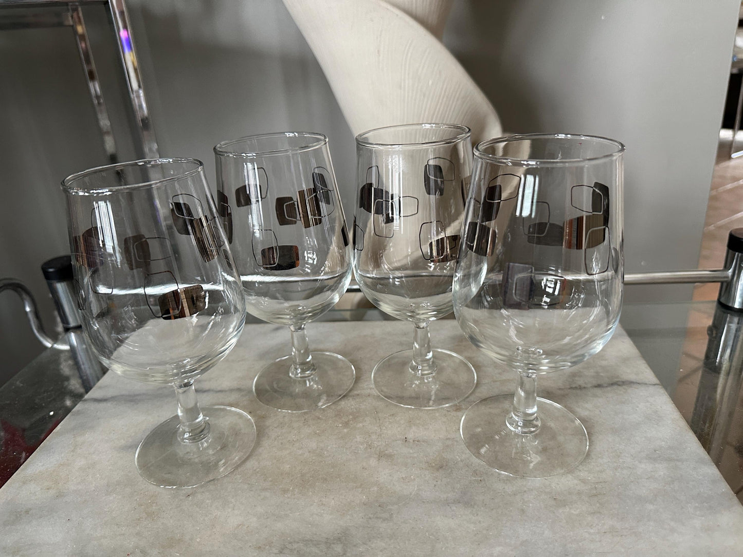 Vintage MCM Cocktail Barware – Set of 4 Wine Goblets w/ Silver Geometric Design | Mid-Century Modern Glassware