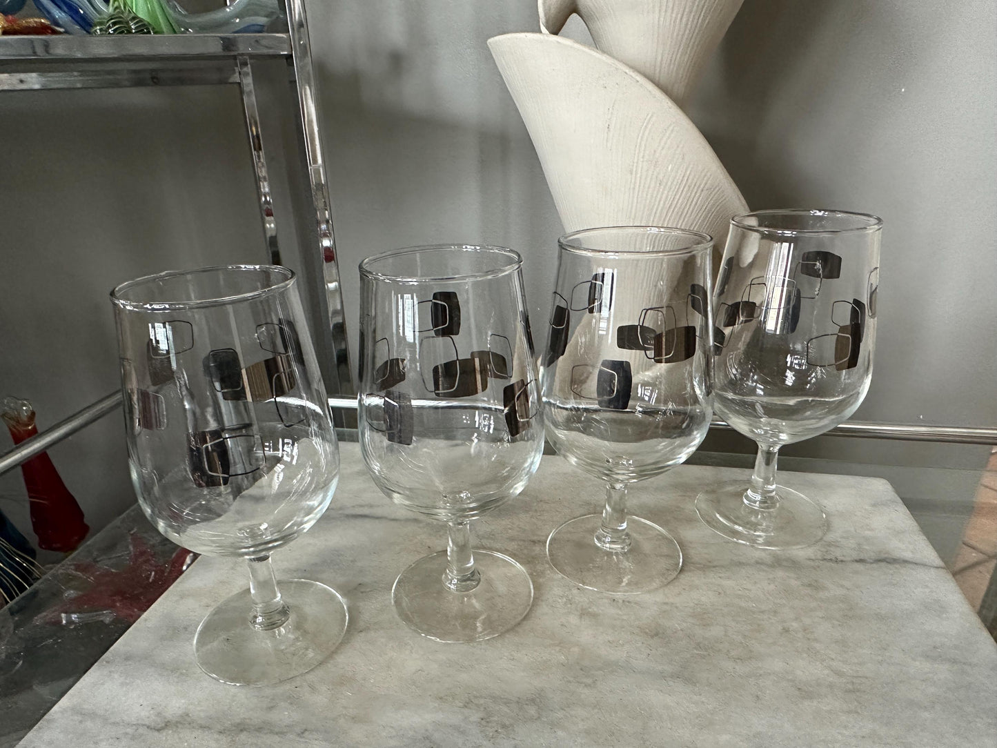 Vintage MCM Cocktail Barware – Set of 4 Wine Goblets w/ Silver Geometric Design | Mid-Century Modern Glassware