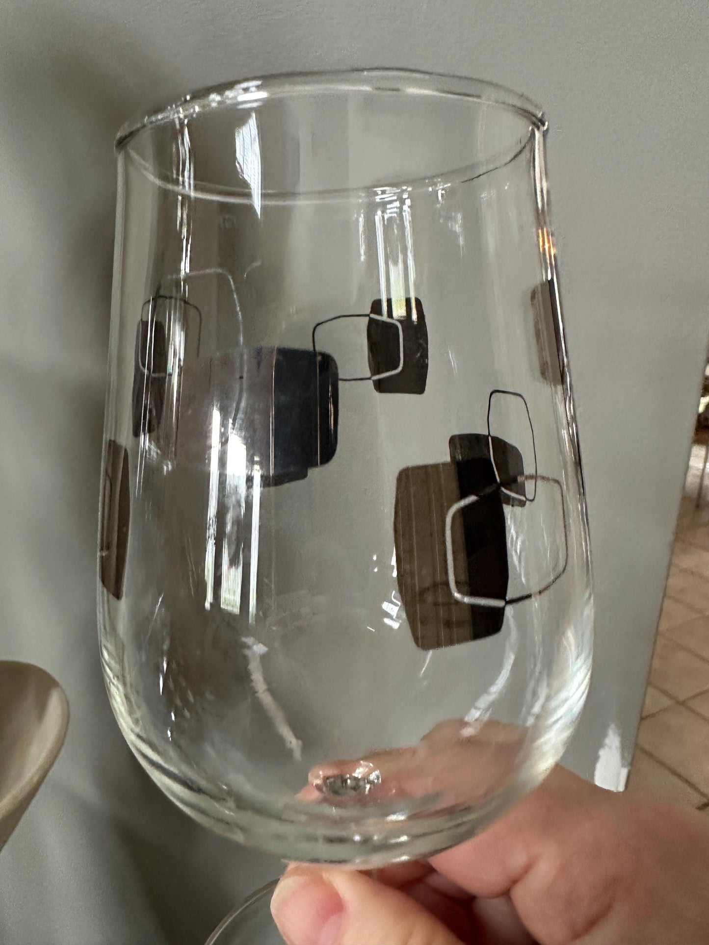 Vintage MCM Cocktail Barware – Set of 4 Wine Goblets w/ Silver Geometric Design | Mid-Century Modern Glassware