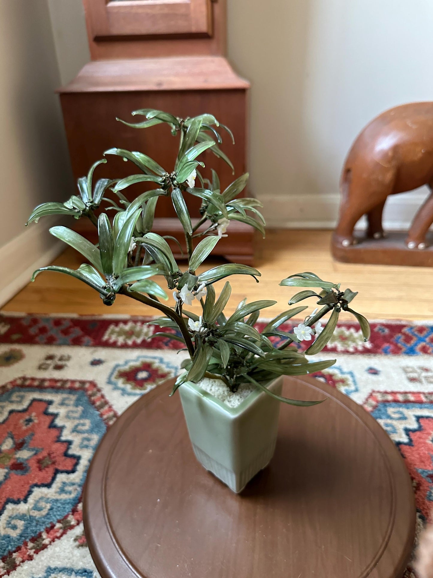 MCM Glass Asian Spider Plant in Celadon-Style Planter – 12” Tall