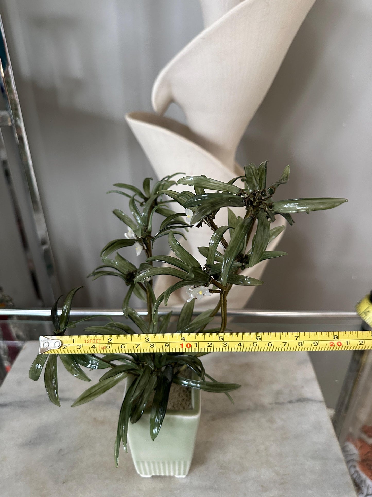 MCM Glass Asian Spider Plant in Celadon-Style Planter – 12” Tall