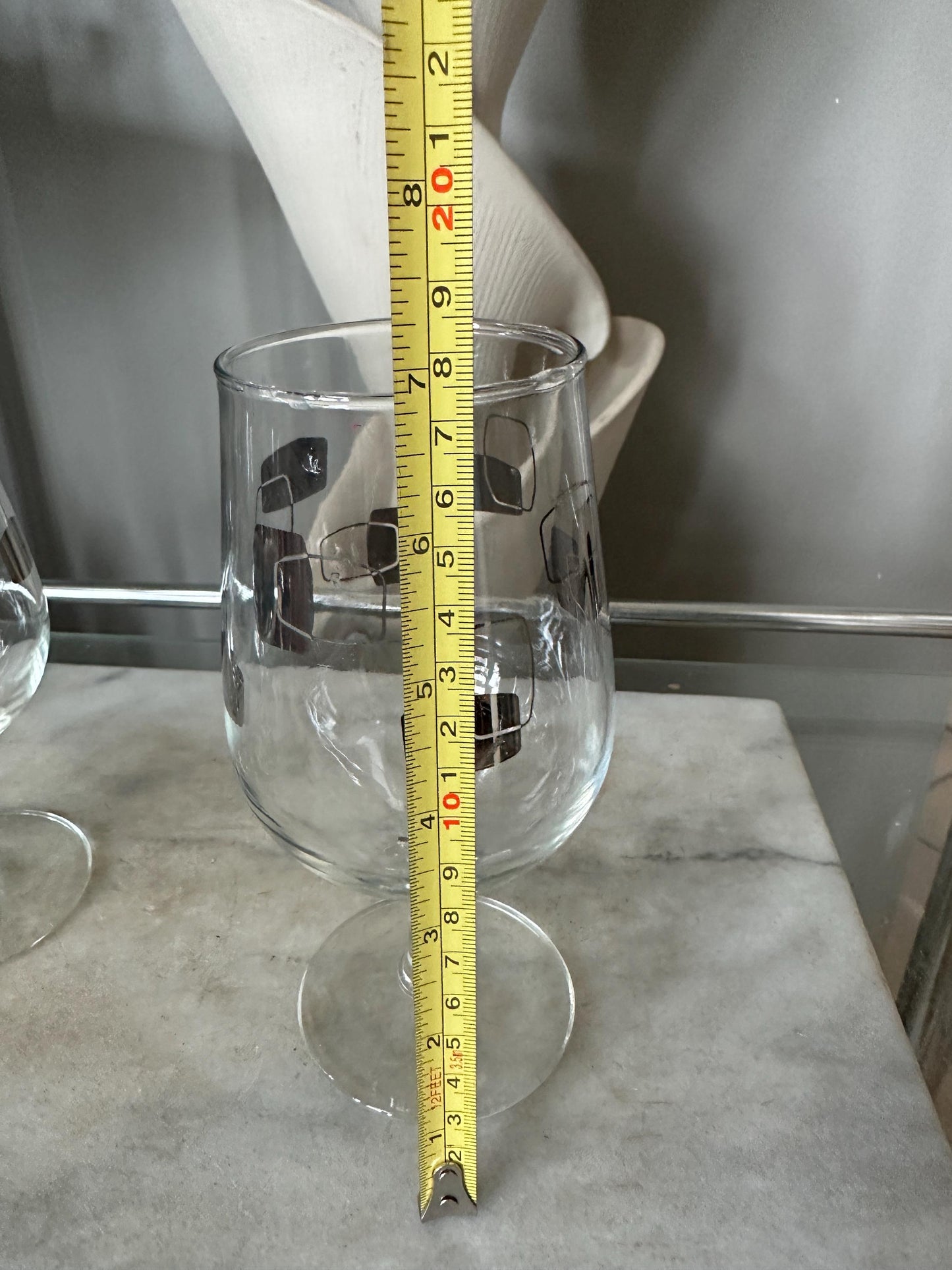 Vintage MCM Cocktail Barware – Set of 4 Wine Goblets w/ Silver Geometric Design | Mid-Century Modern Glassware