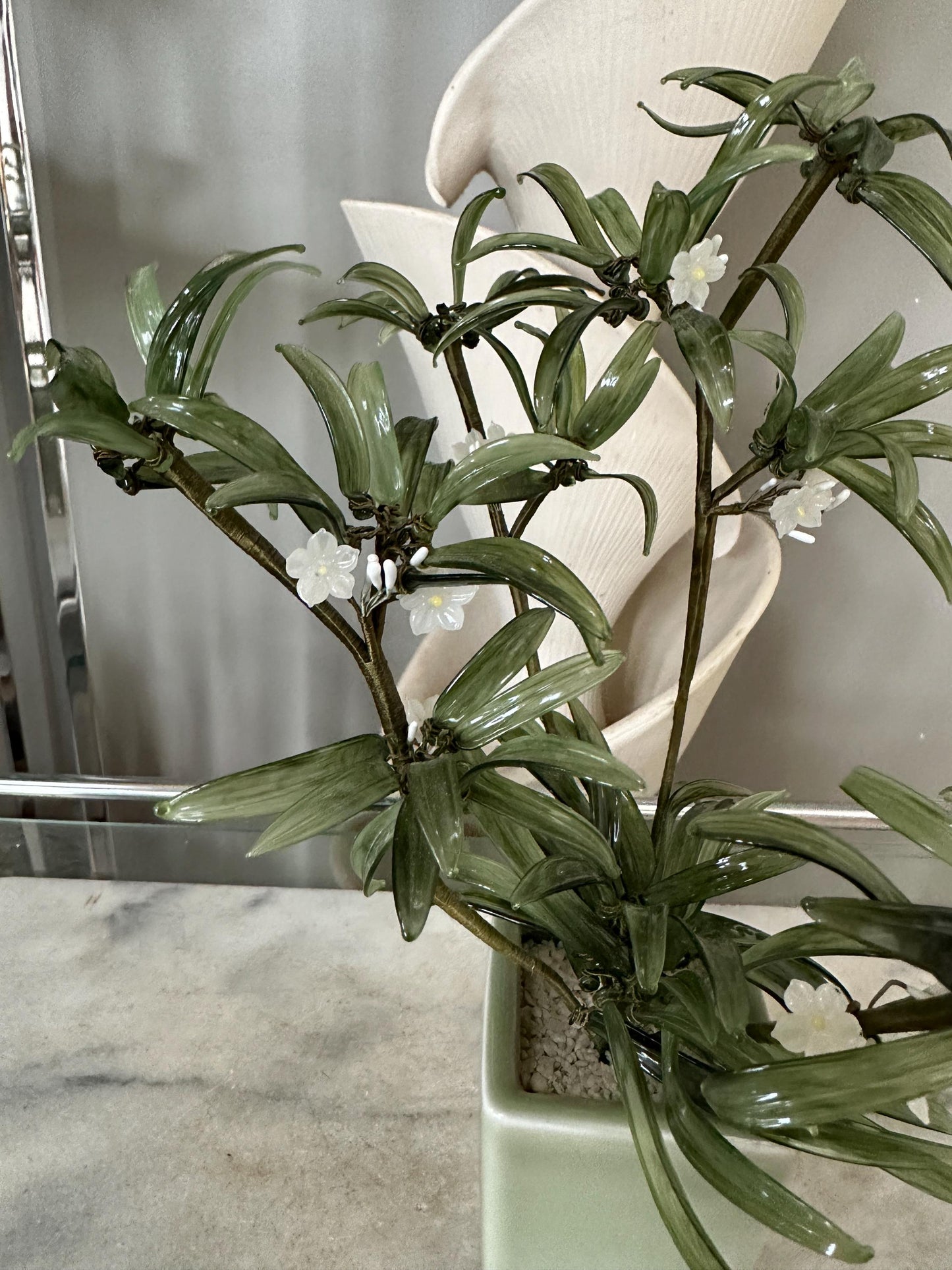 MCM Glass Asian Spider Plant in Celadon-Style Planter – 12” Tall