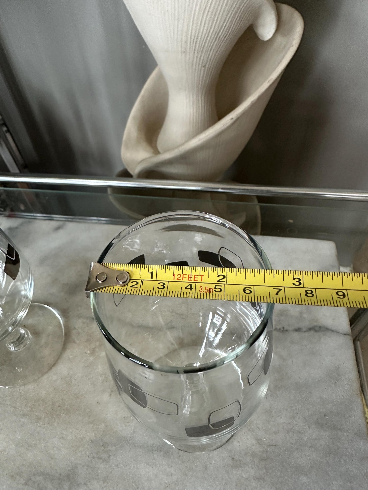 Vintage MCM Cocktail Barware – Set of 4 Wine Goblets w/ Silver Geometric Design | Mid-Century Modern Glassware