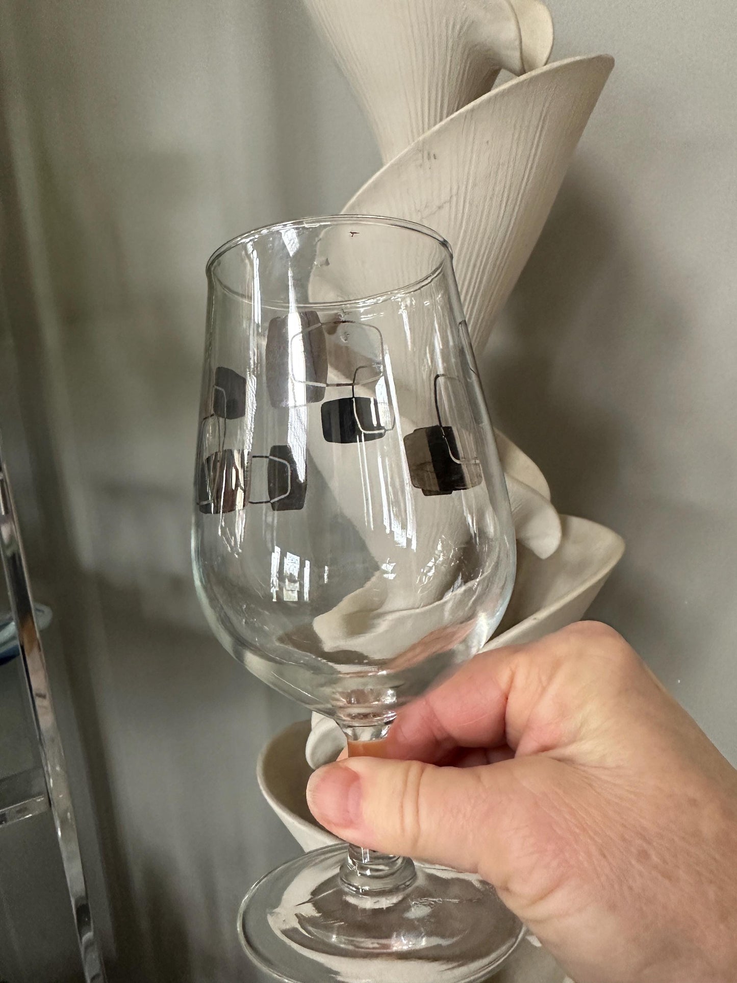 Vintage MCM Cocktail Barware – Set of 4 Wine Goblets w/ Silver Geometric Design | Mid-Century Modern Glassware