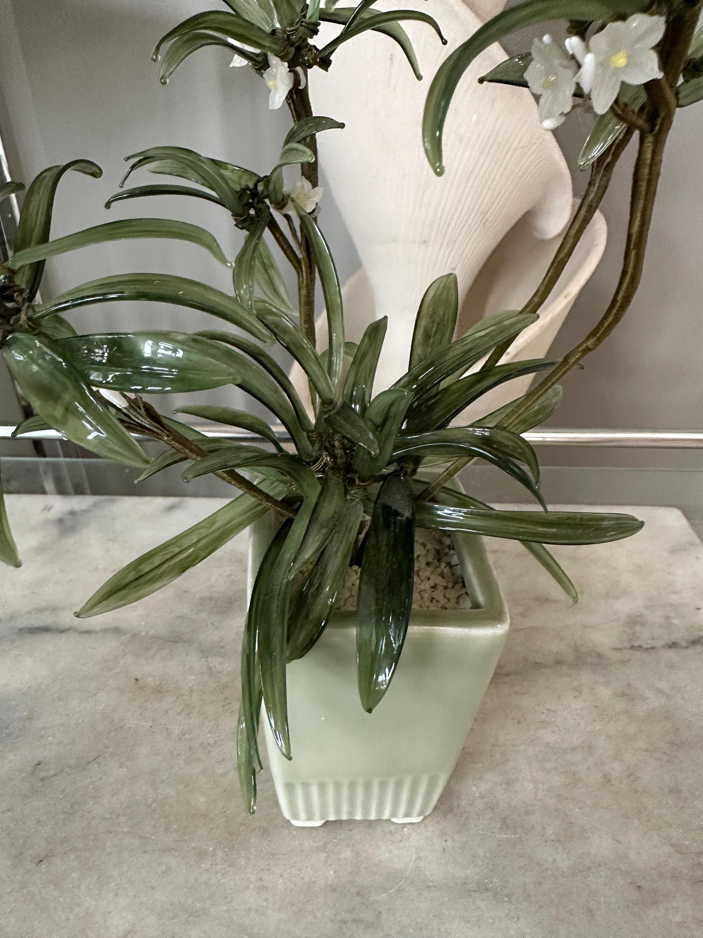 MCM Glass Asian Spider Plant in Celadon-Style Planter – 12” Tall