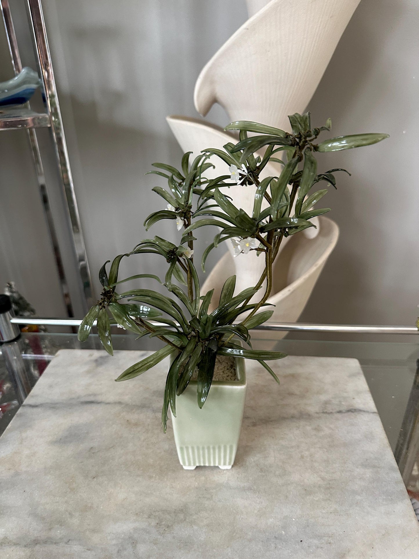 MCM Glass Asian Spider Plant in Celadon-Style Planter – 12” Tall