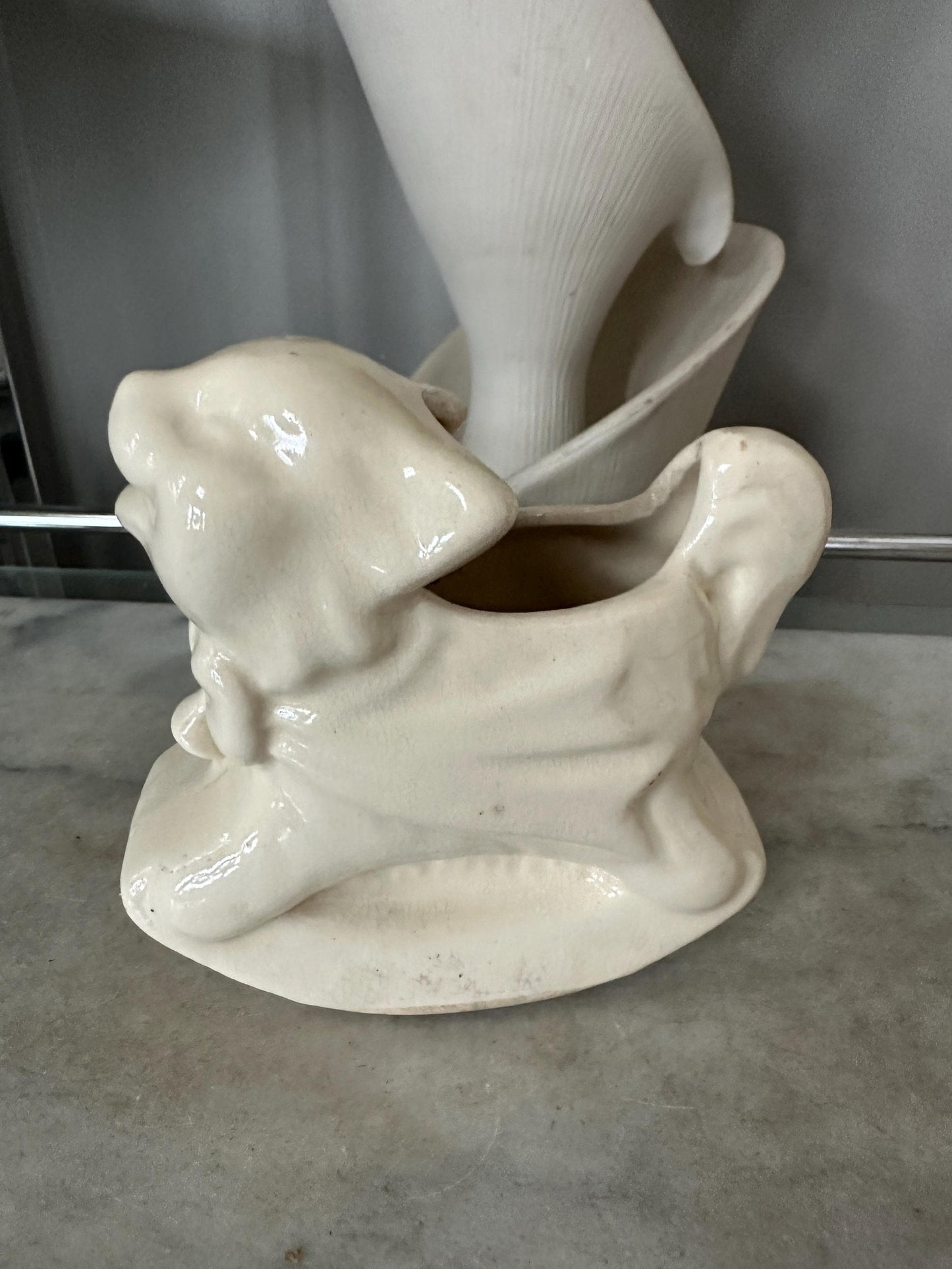 Vintage White Cat Rocking Planter – USA Pottery – Adorable Mid-Century Ceramic Planter