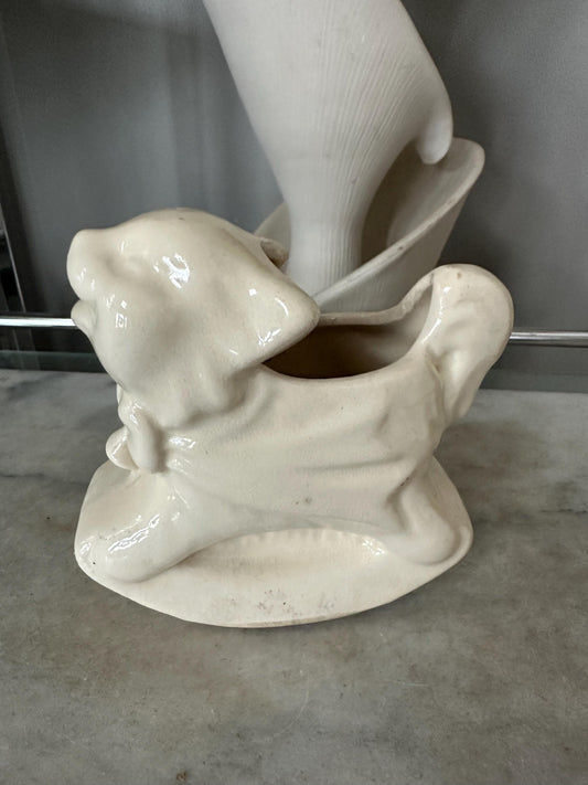 Vintage White Cat Rocking Planter – USA Pottery – Adorable Mid-Century Ceramic Planter