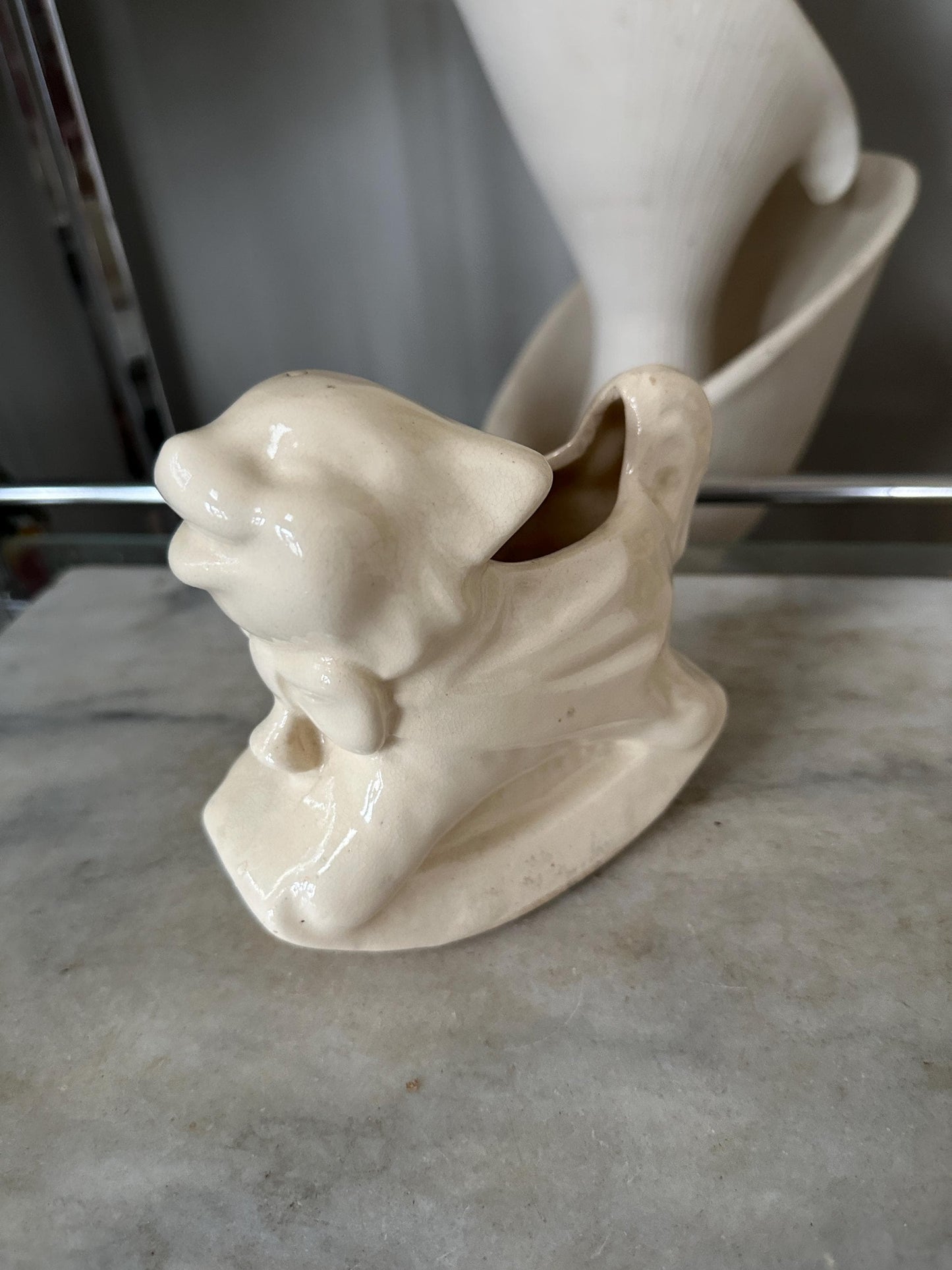 Vintage White Cat Rocking Planter – USA Pottery – Adorable Mid-Century Ceramic Planter