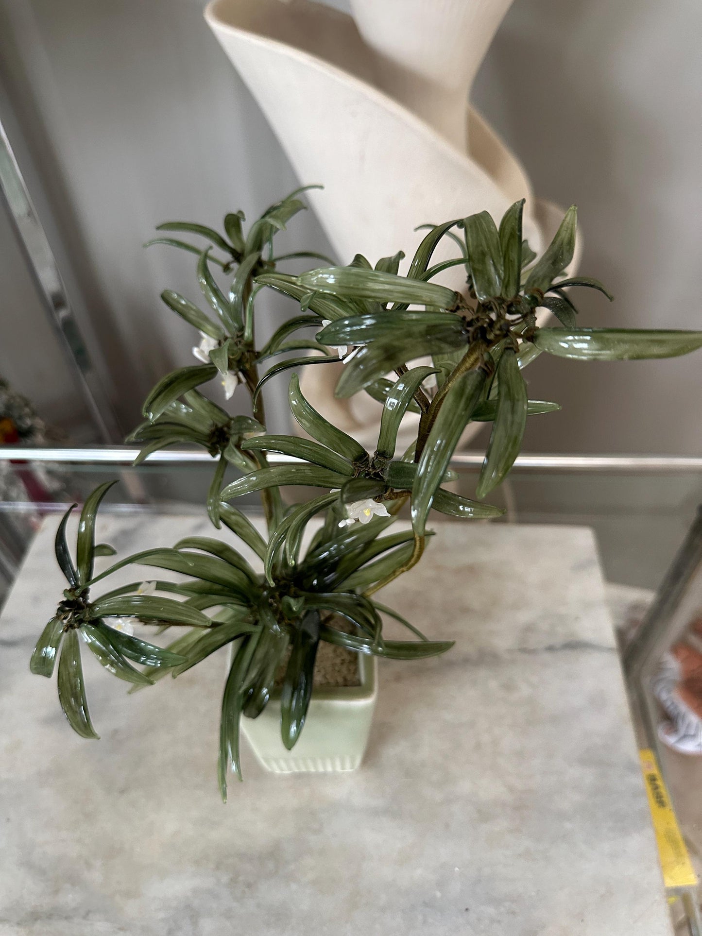 MCM Glass Asian Spider Plant in Celadon-Style Planter – 12” Tall