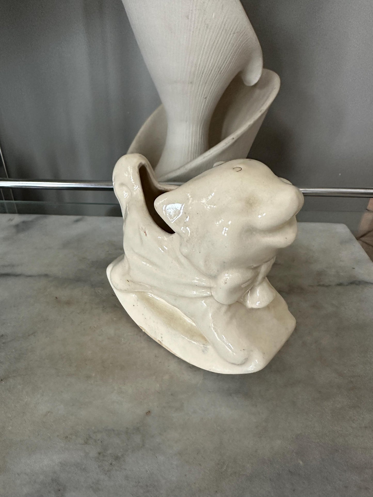 Vintage White Cat Rocking Planter – USA Pottery – Adorable Mid-Century Ceramic Planter