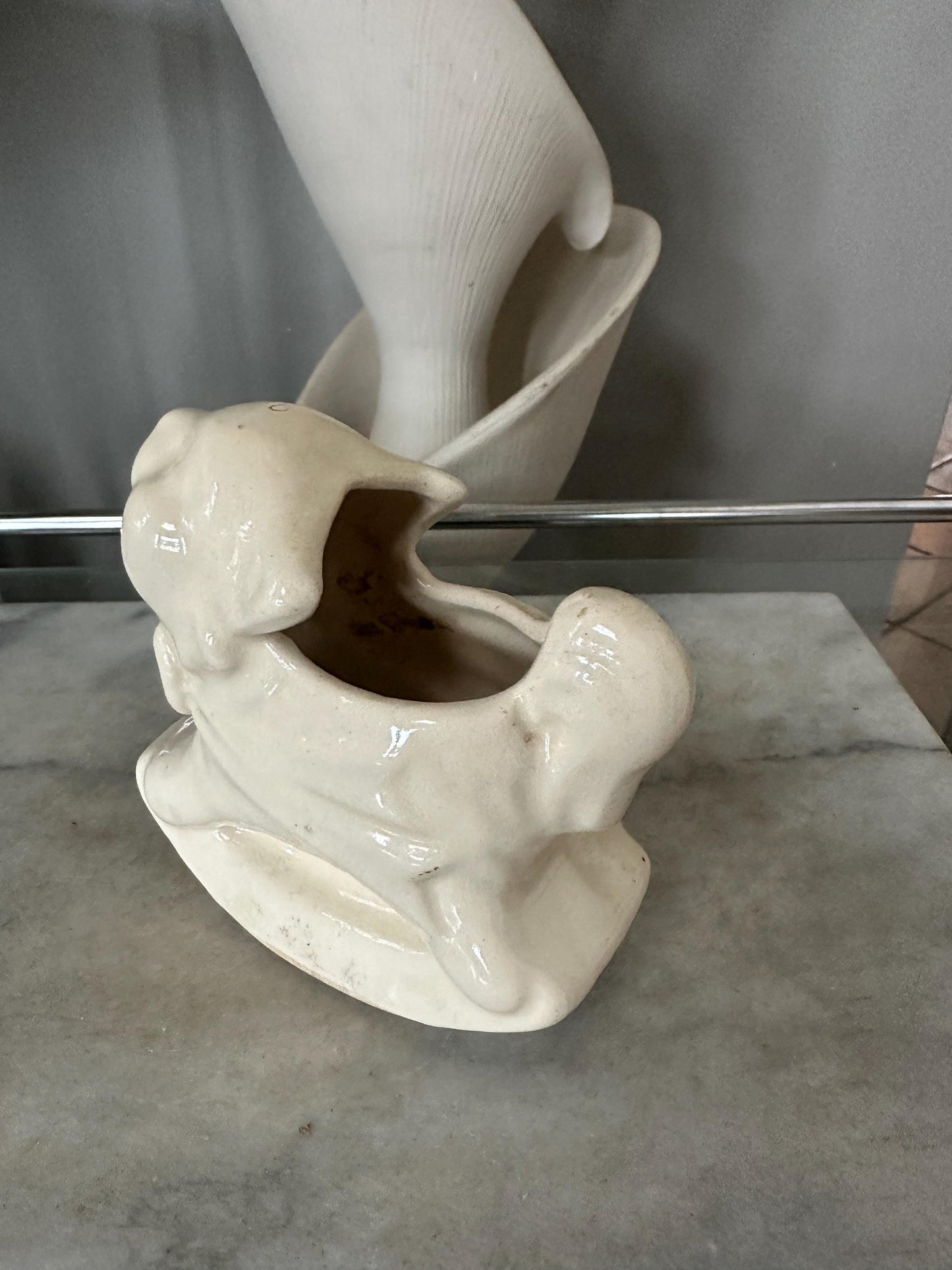 Vintage White Cat Rocking Planter – USA Pottery – Adorable Mid-Century Ceramic Planter