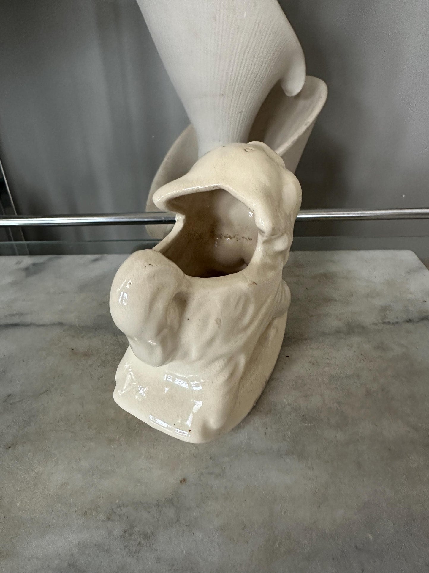 Vintage White Cat Rocking Planter – USA Pottery – Adorable Mid-Century Ceramic Planter