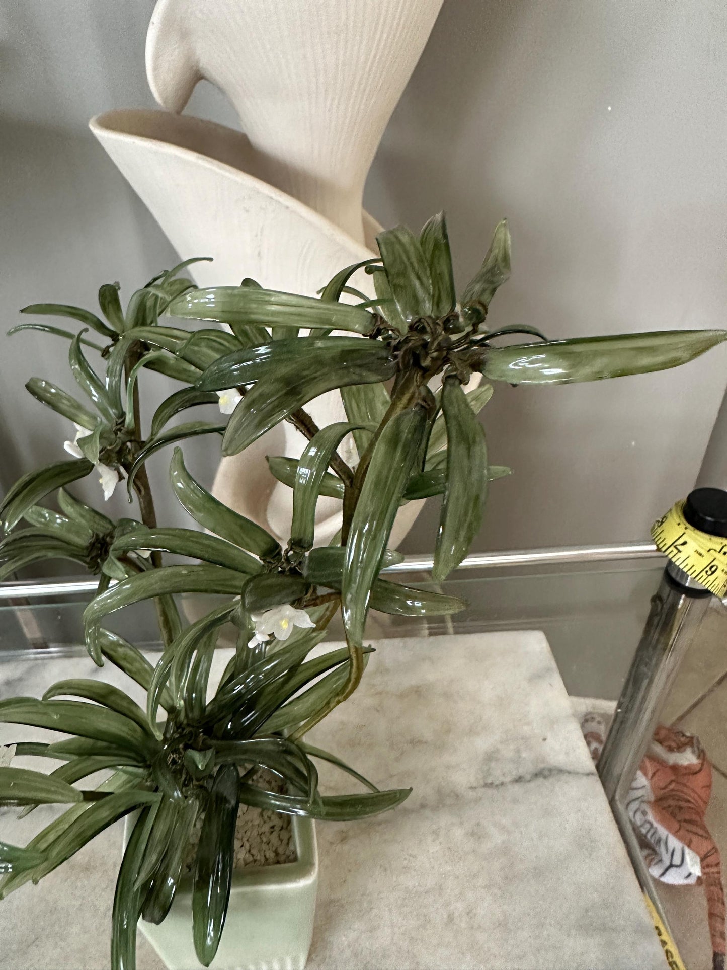 MCM Glass Asian Spider Plant in Celadon-Style Planter – 12” Tall