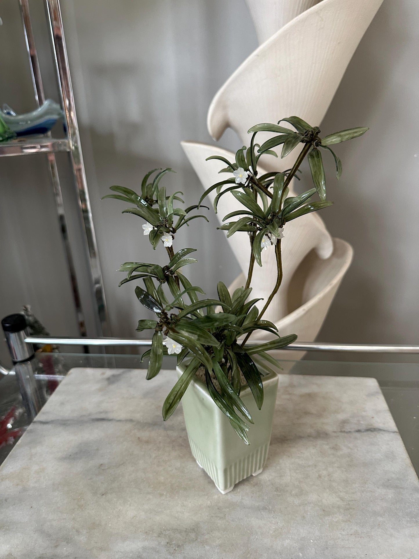 MCM Glass Asian Spider Plant in Celadon-Style Planter – 12” Tall