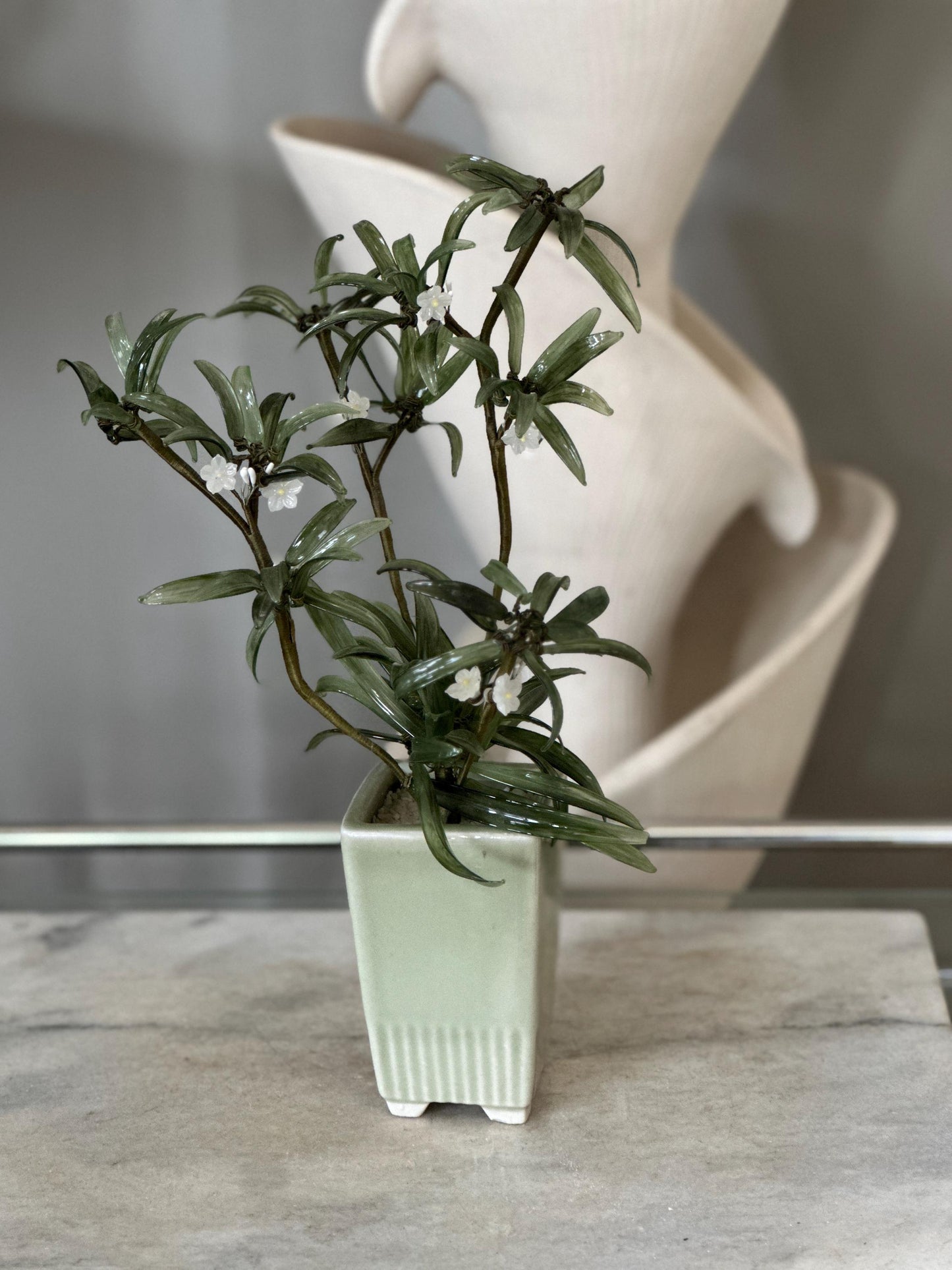 MCM Glass Asian Spider Plant in Celadon-Style Planter – 12” Tall