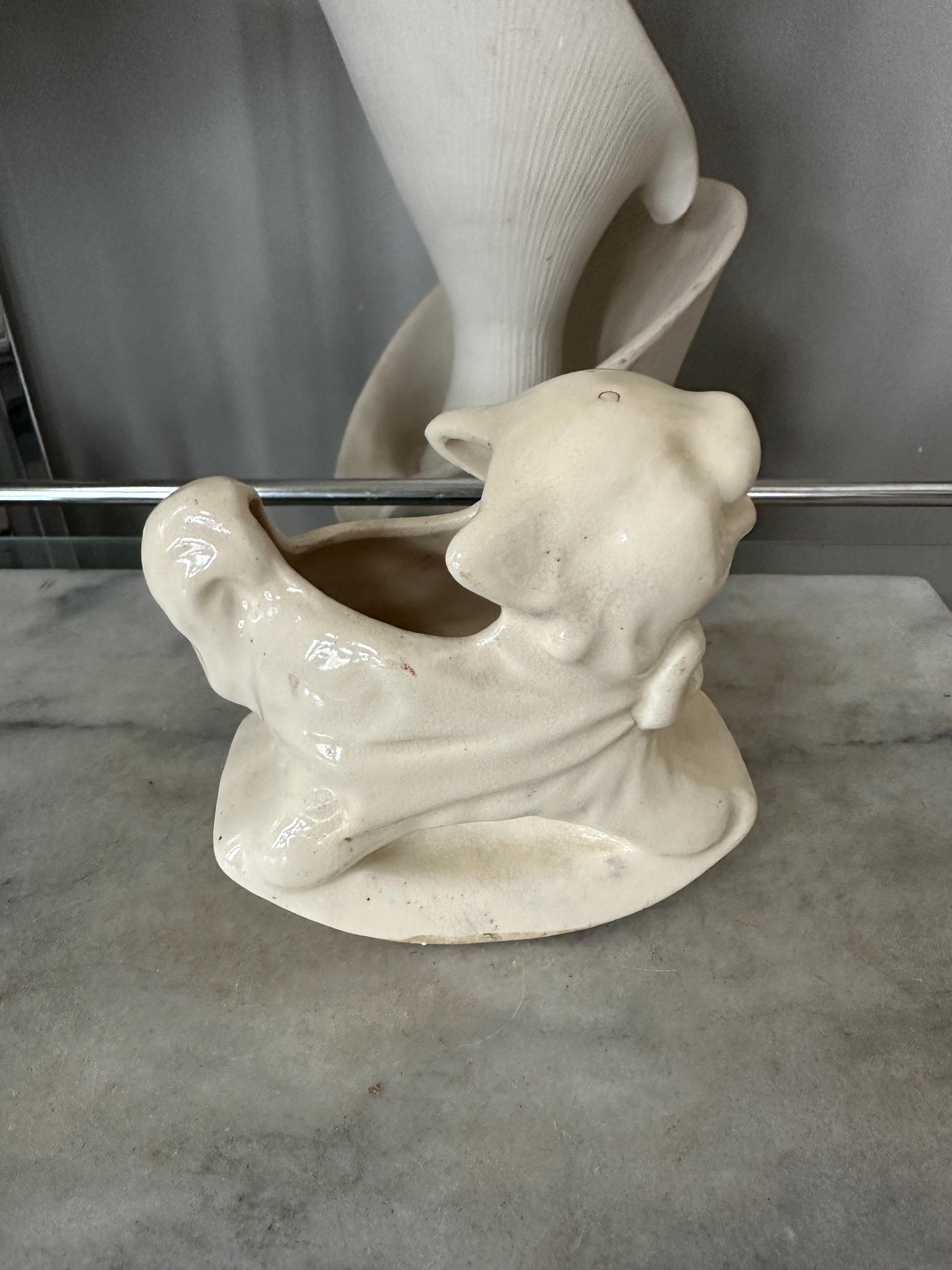 Vintage White Cat Rocking Planter – USA Pottery – Adorable Mid-Century Ceramic Planter