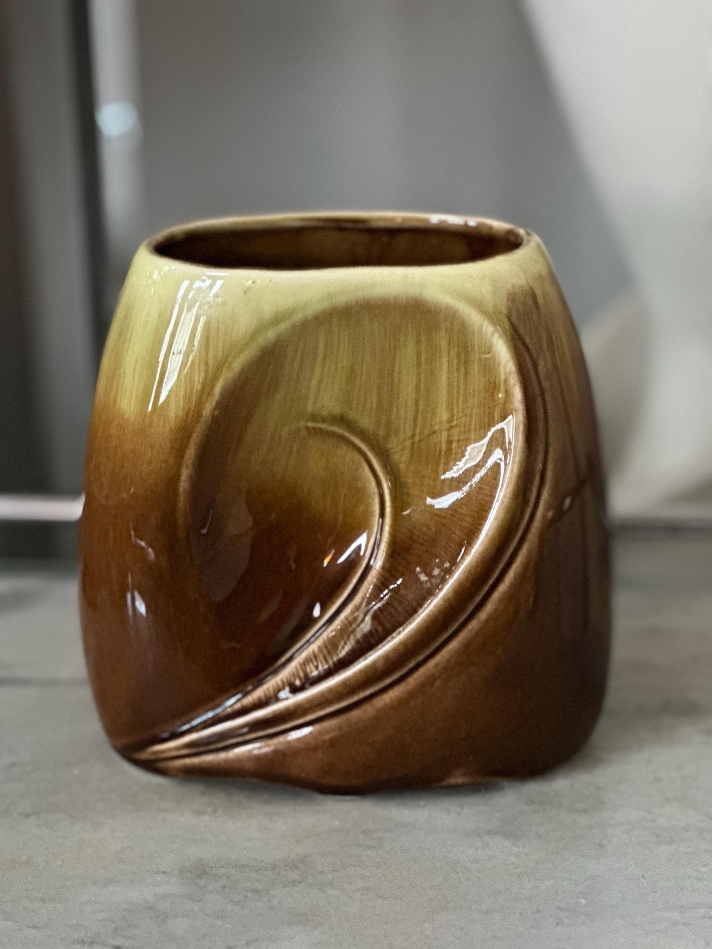 Vintage Royal Copley Brown & Green Planter Vase – 7″ × 6.5″ Mid-Century Ceramic Pottery