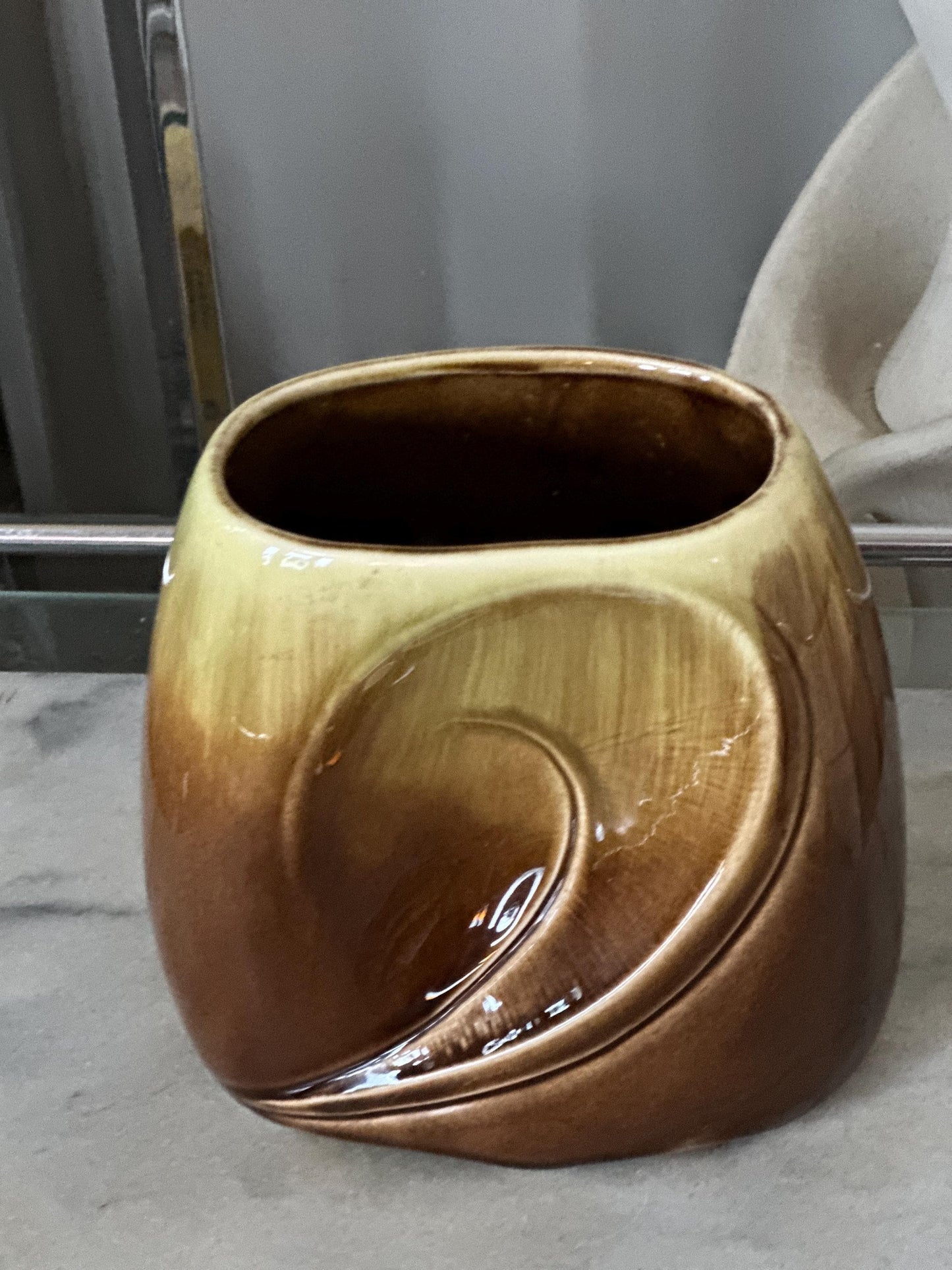 Vintage Royal Copley Brown & Green Planter Vase – 7″ × 6.5″ Mid-Century Ceramic Pottery