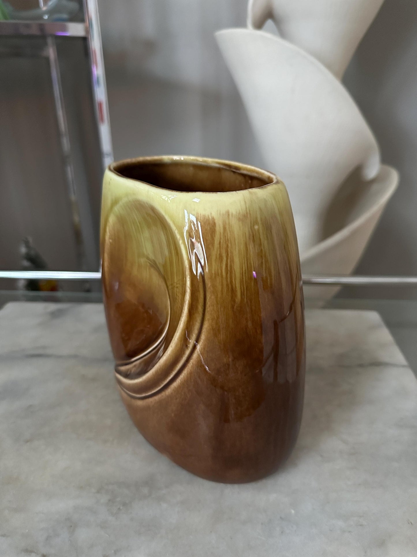 Vintage Royal Copley Brown & Green Planter Vase – 7″ × 6.5″ Mid-Century Ceramic Pottery