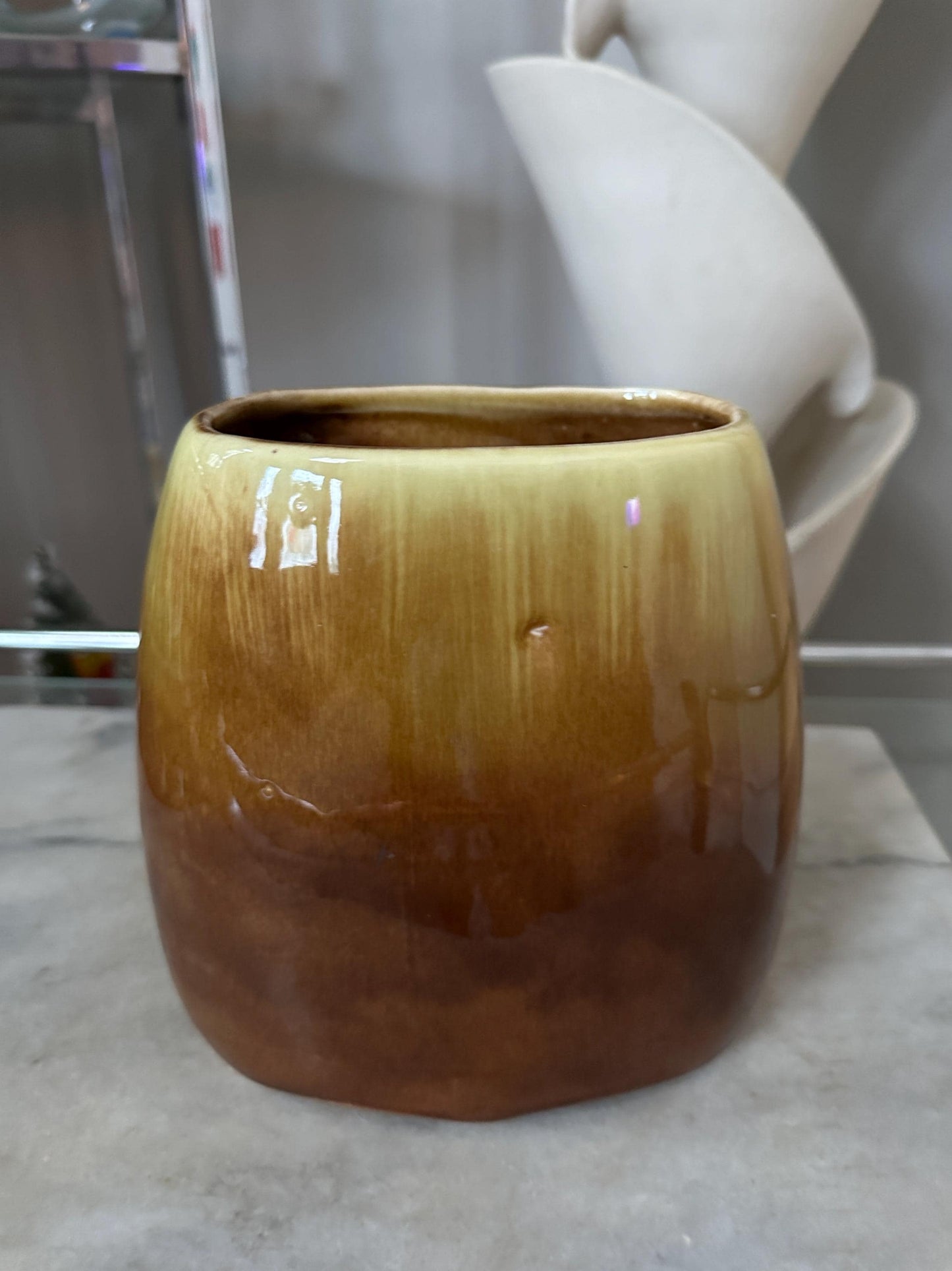 Vintage Royal Copley Brown & Green Planter Vase – 7″ × 6.5″ Mid-Century Ceramic Pottery