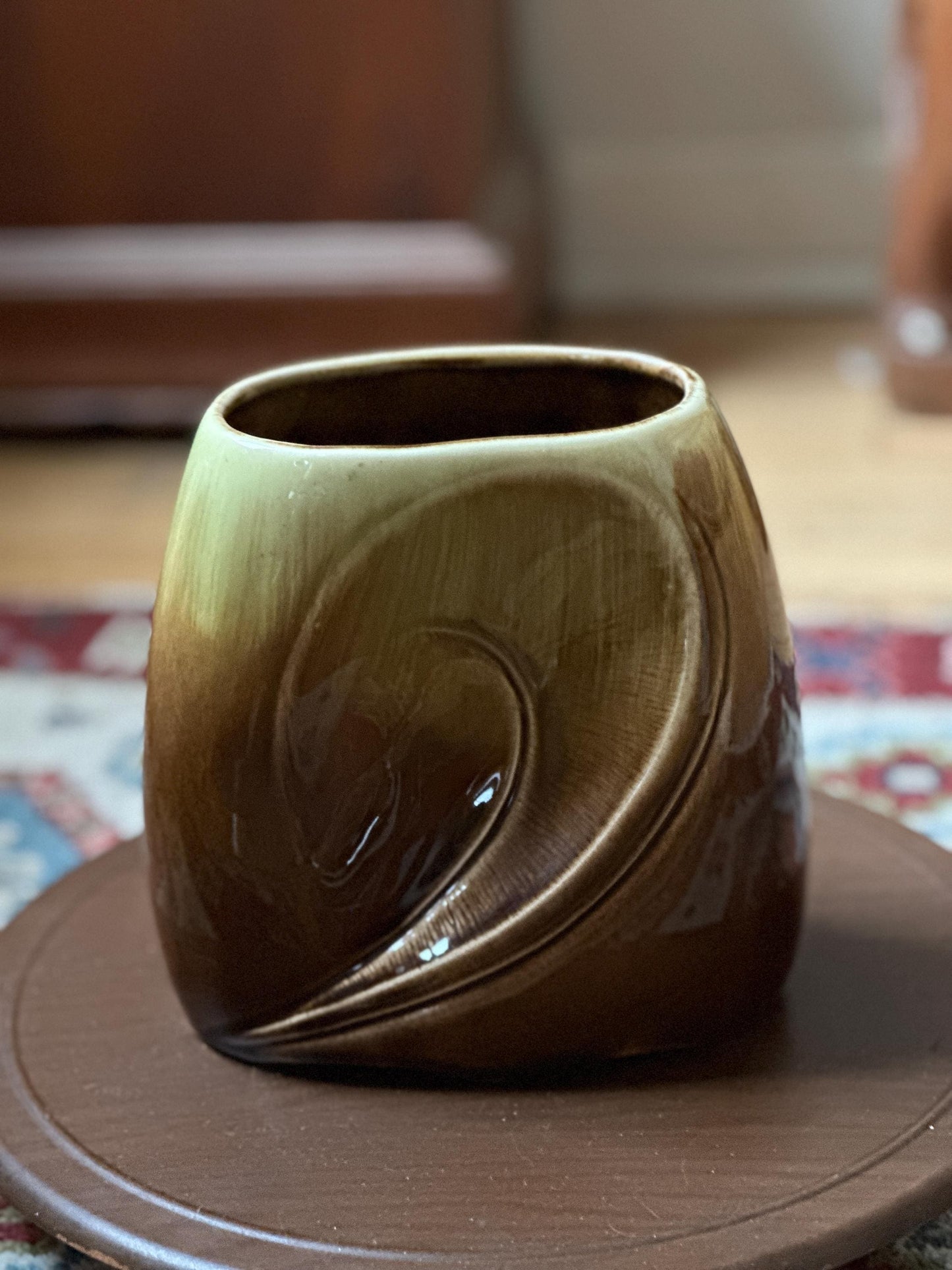 Vintage Royal Copley Brown & Green Planter Vase – 7″ × 6.5″ Mid-Century Ceramic Pottery