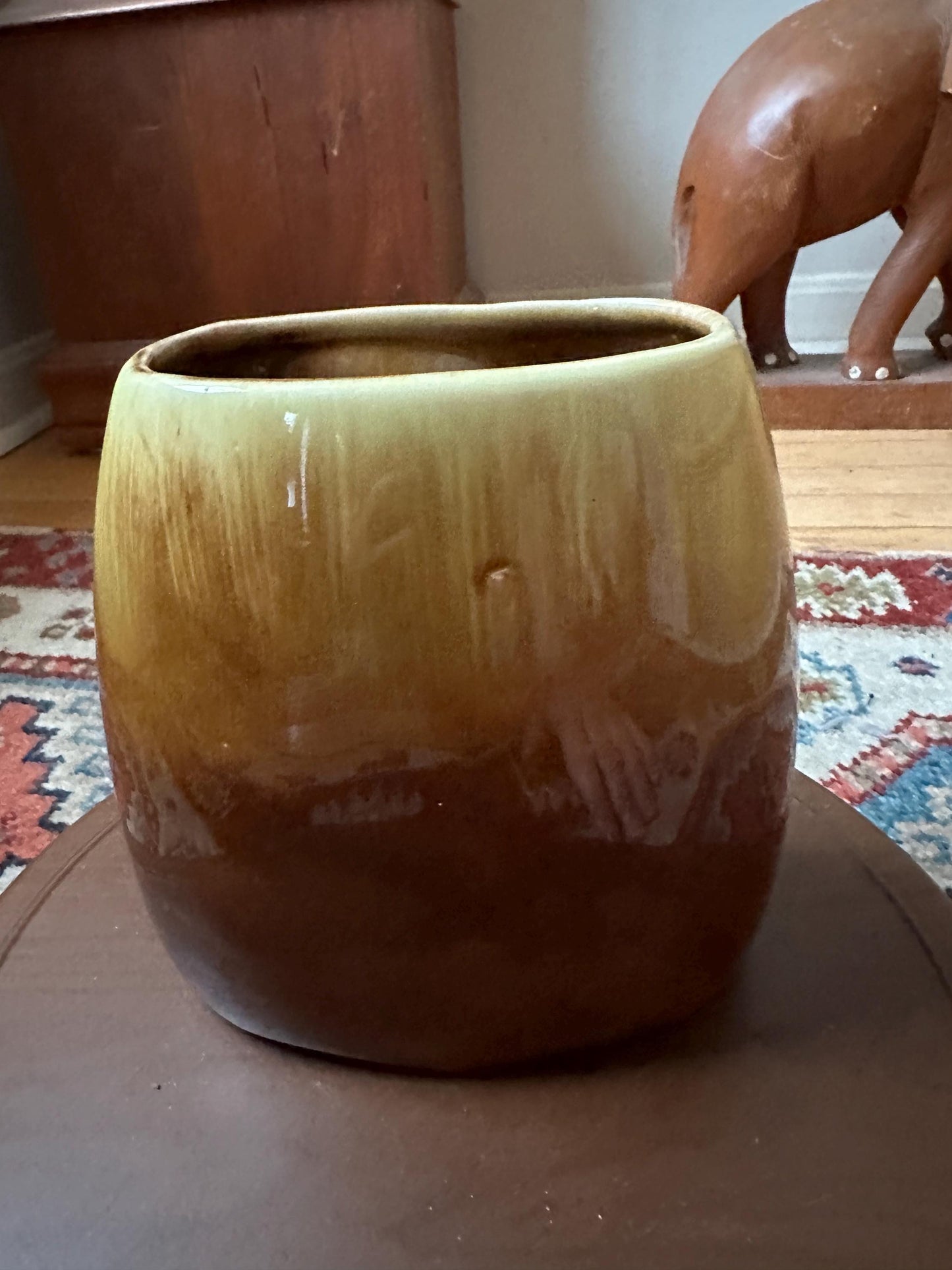 Vintage Royal Copley Brown & Green Planter Vase – 7″ × 6.5″ Mid-Century Ceramic Pottery