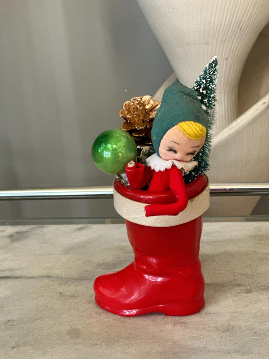 VINTAGE Japan Felt Pixie - Inside Red Boot - Pixie Elf - Bottle Brush Tree - Japan Pixie - Christmas Ornament Decoration - Kitschy