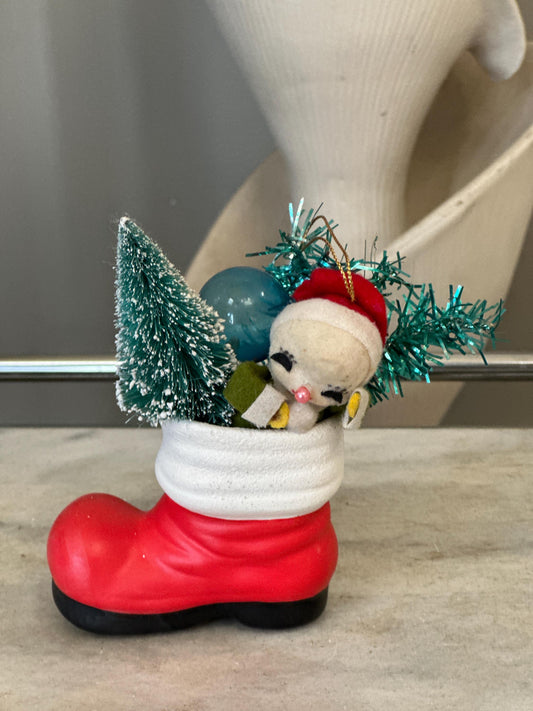 VINTAGE Japan Felt Pixie - Inside Red Boot - Knee Hugger Elf - Bottle Brish Tree - Japan Pixie - Christmas Ornament Decoration - Kitschy
