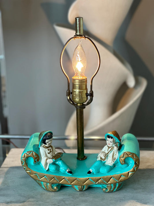 RARE MCM Chalkware Table Lamp – Turquoise Asian Figurines, Vintage Lighting
