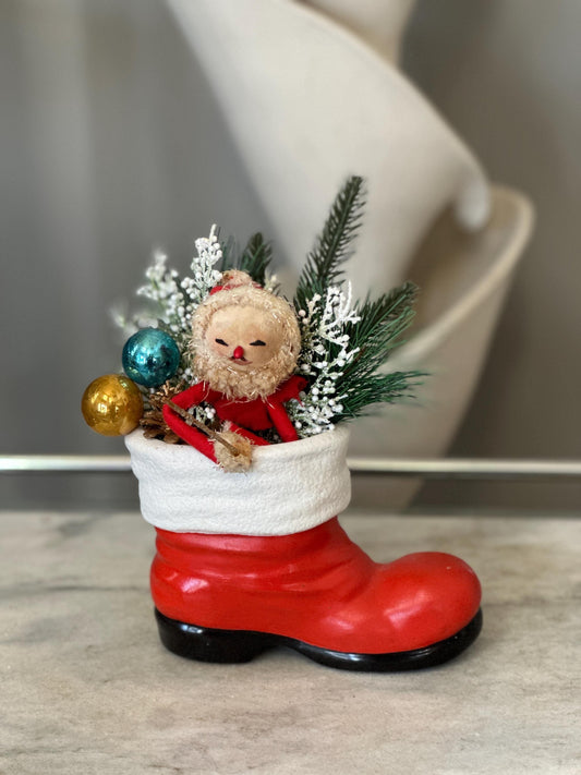 Vintage Ceramic Santa Boot | Knee Hugger Santa w Mercury Glass Ornaments and Faux Greens