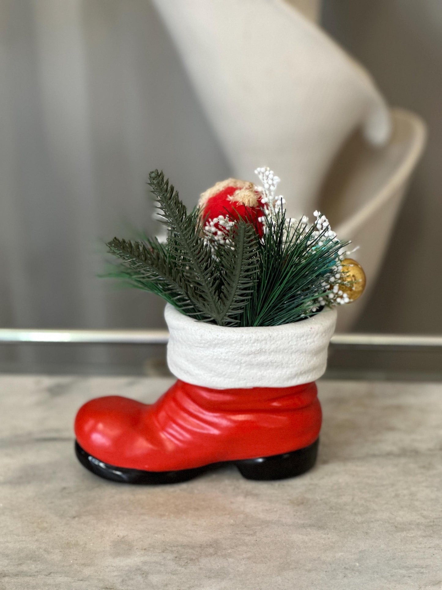 Vintage Ceramic Santa Boot | Knee Hugger Santa w Mercury Glass Ornaments and Faux Greens
