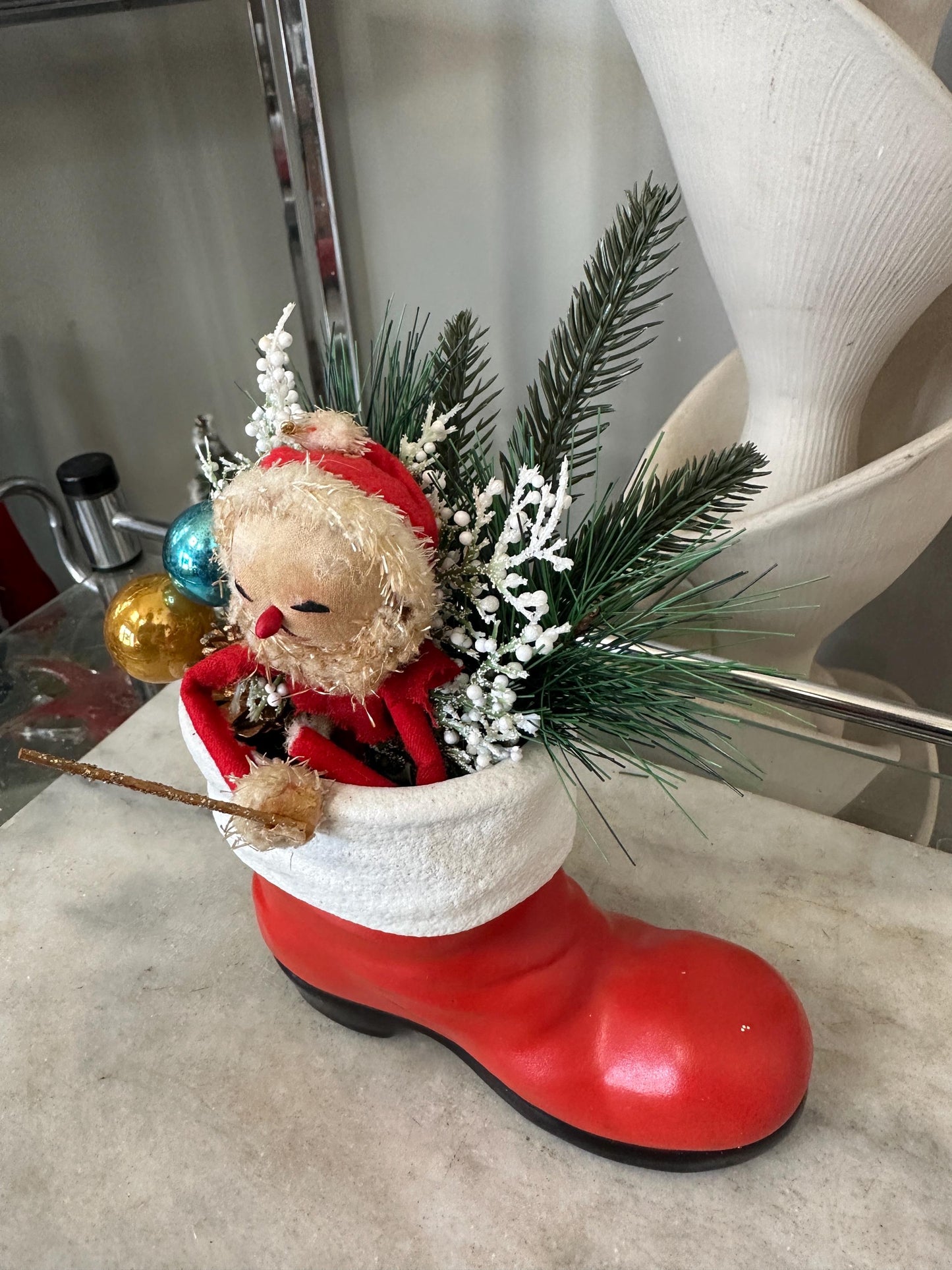 Vintage Ceramic Santa Boot | Knee Hugger Santa w Mercury Glass Ornaments and Faux Greens