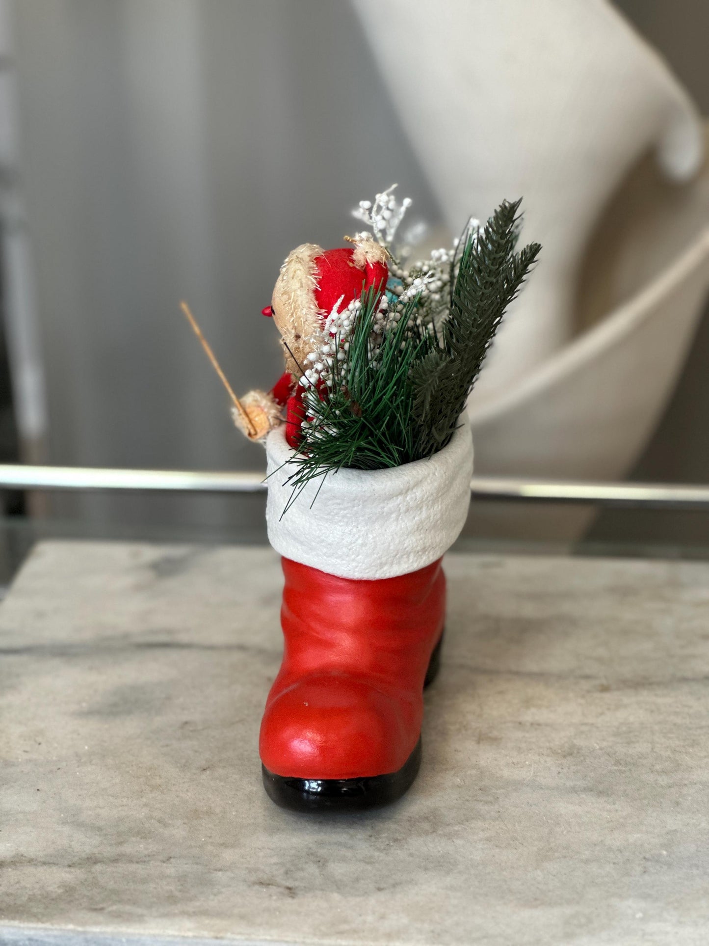 Vintage Ceramic Santa Boot | Knee Hugger Santa w Mercury Glass Ornaments and Faux Greens