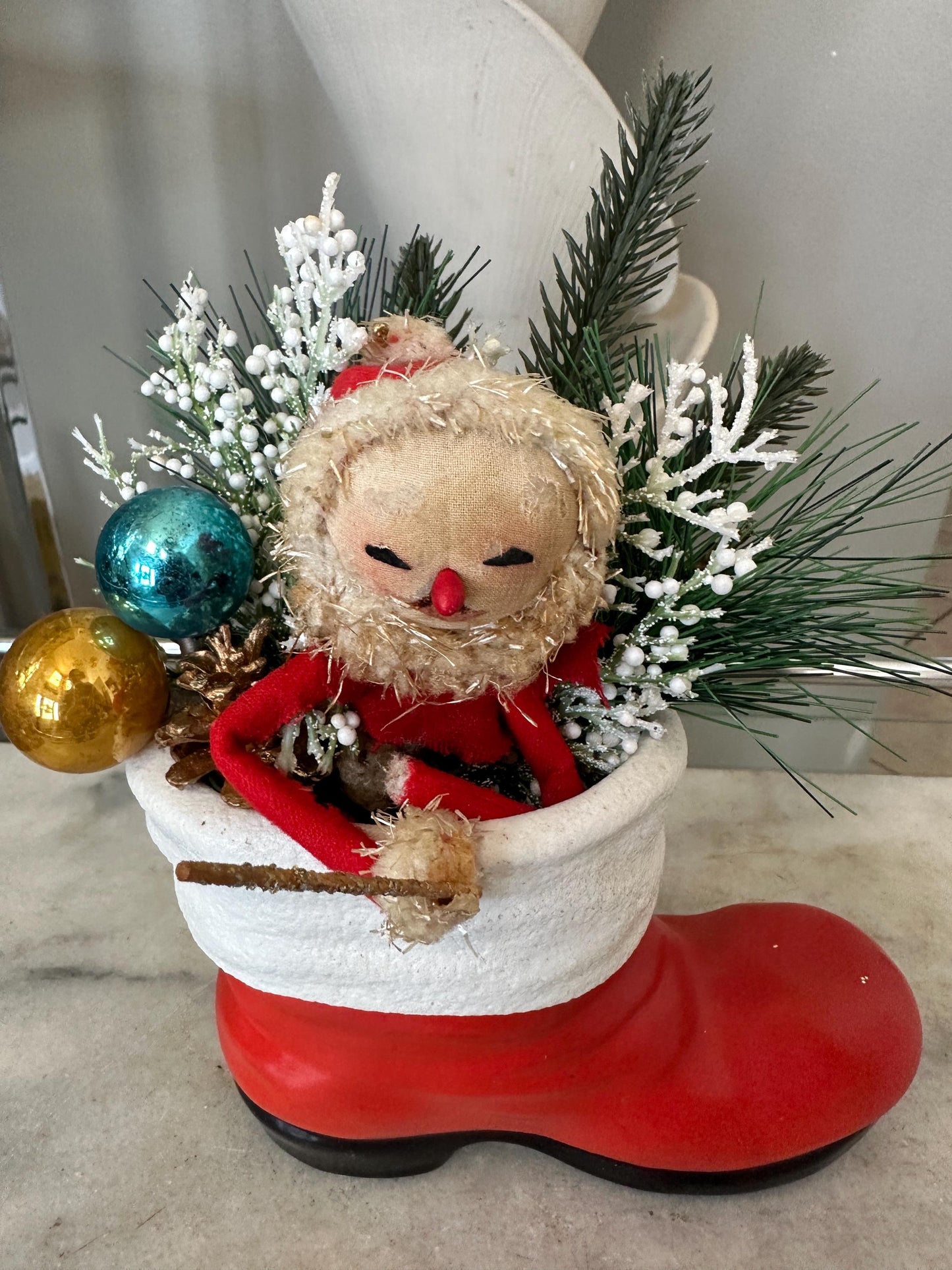 Vintage Ceramic Santa Boot | Knee Hugger Santa w Mercury Glass Ornaments and Faux Greens