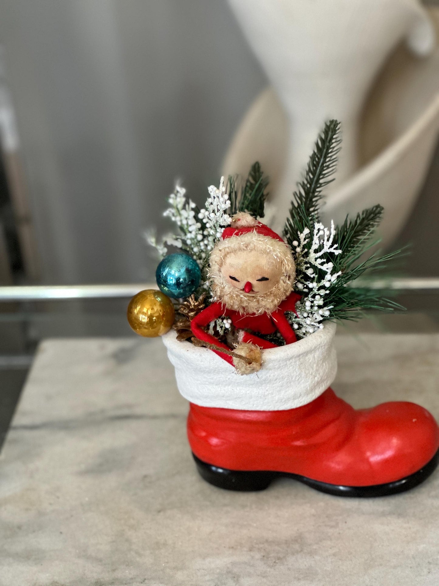 Vintage Ceramic Santa Boot | Knee Hugger Santa w Mercury Glass Ornaments and Faux Greens