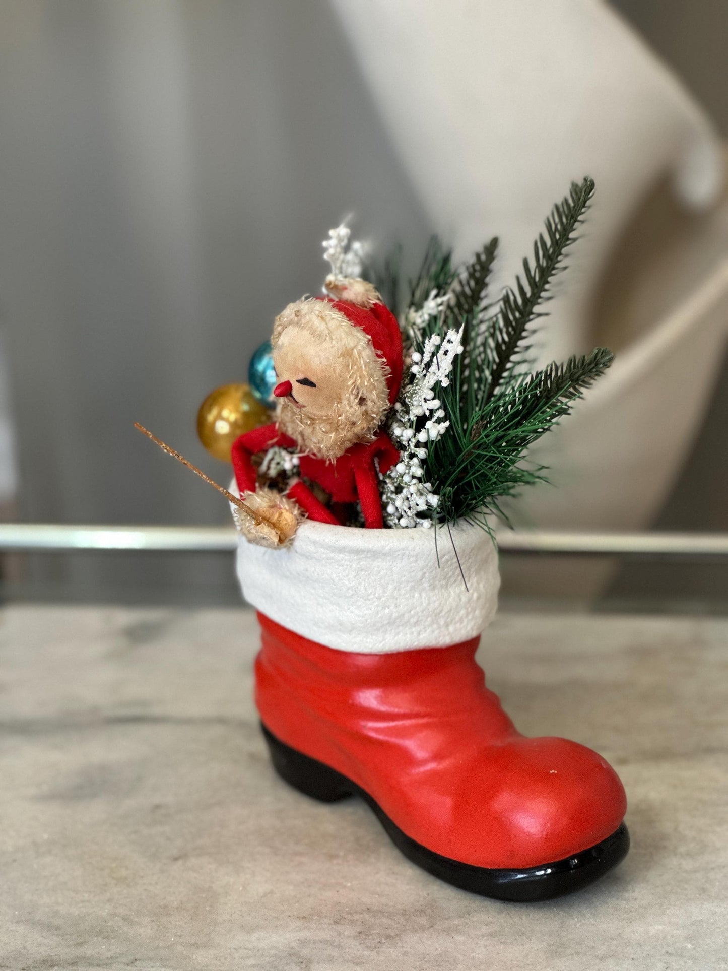 Vintage Ceramic Santa Boot | Knee Hugger Santa w Mercury Glass Ornaments and Faux Greens