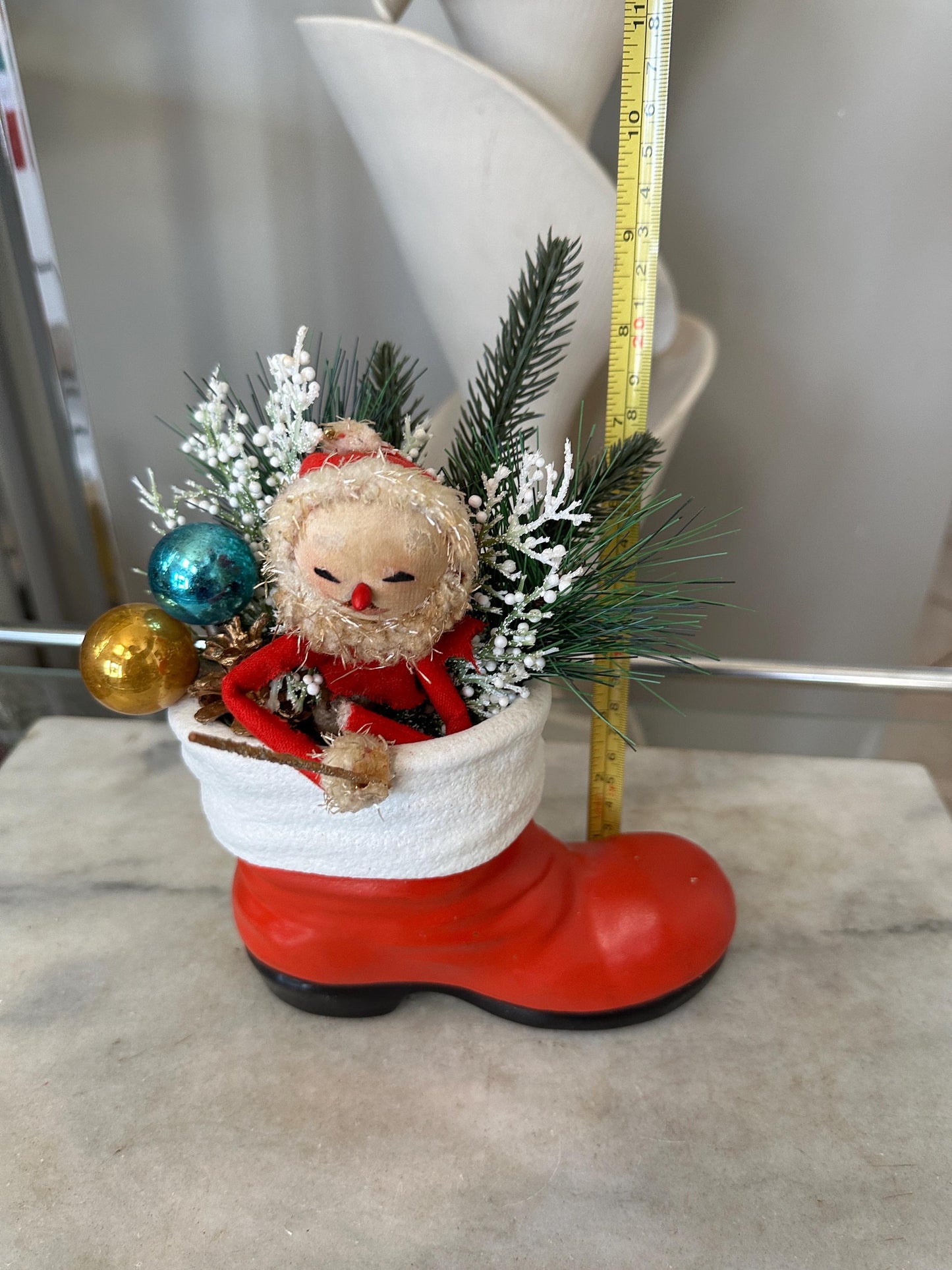 Vintage Ceramic Santa Boot | Knee Hugger Santa w Mercury Glass Ornaments and Faux Greens