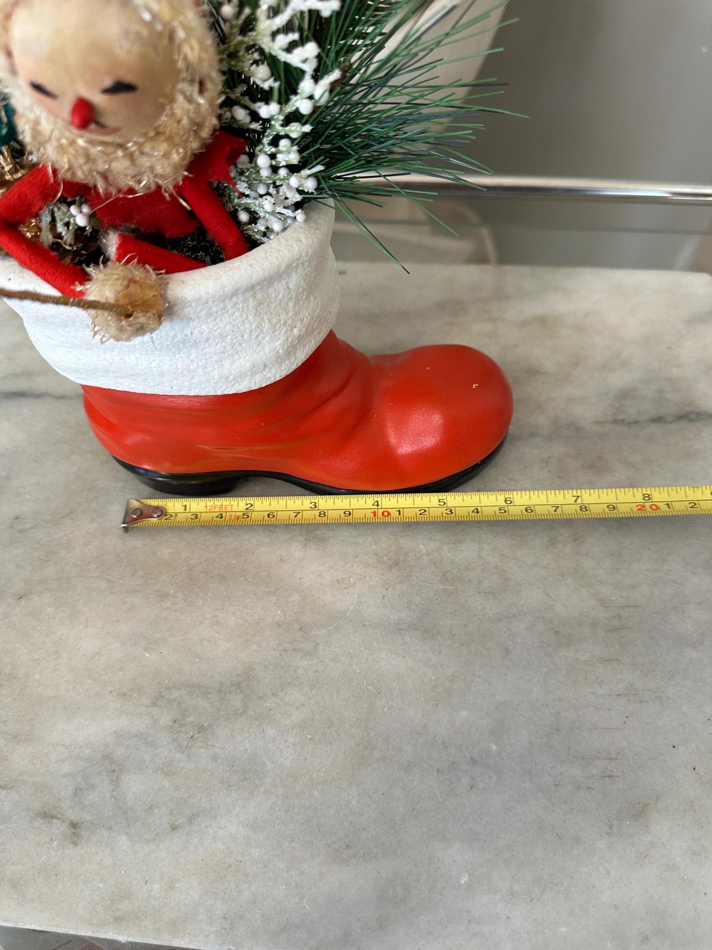 Vintage Ceramic Santa Boot | Knee Hugger Santa w Mercury Glass Ornaments and Faux Greens