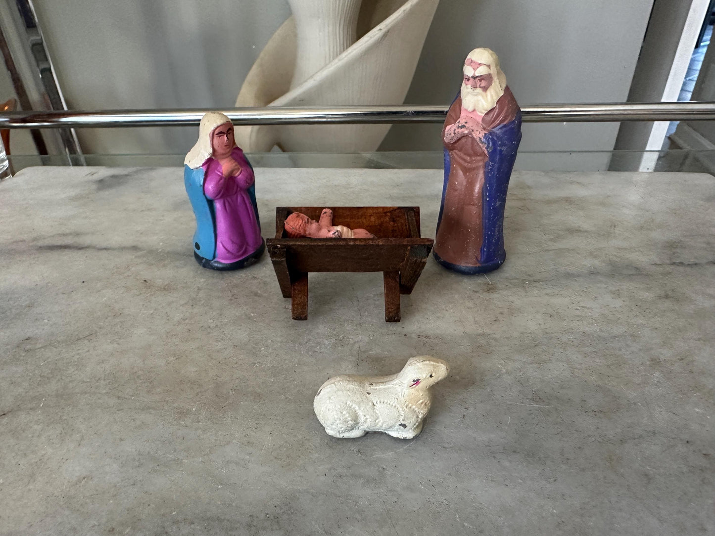 1960's JAPAN Mache Christmas Nativity - Mary Joseph Baby Jesus Lamb Manger