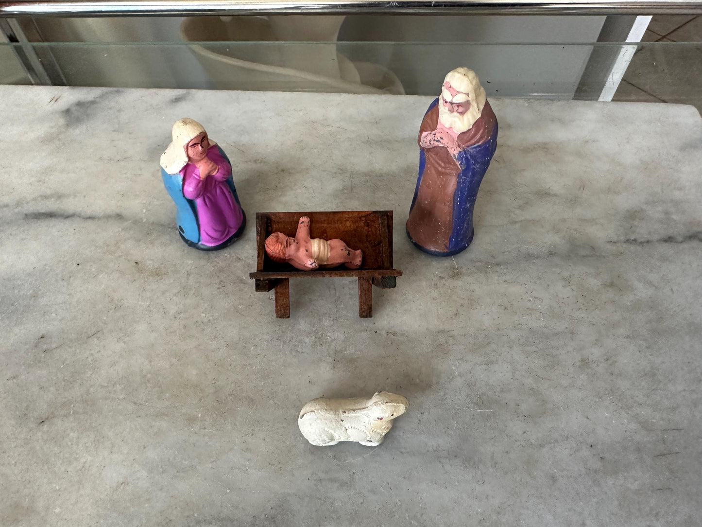 1960's JAPAN Mache Christmas Nativity - Mary Joseph Baby Jesus Lamb Manger