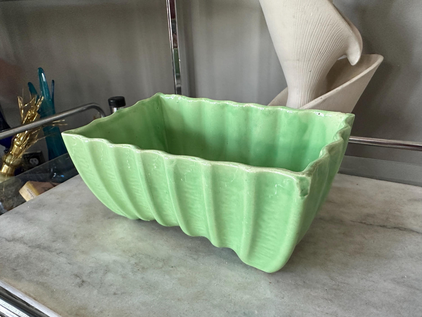 Vintage Cookson Pottery Rectangular Planter CP-3086, Vivid Green Mid Century