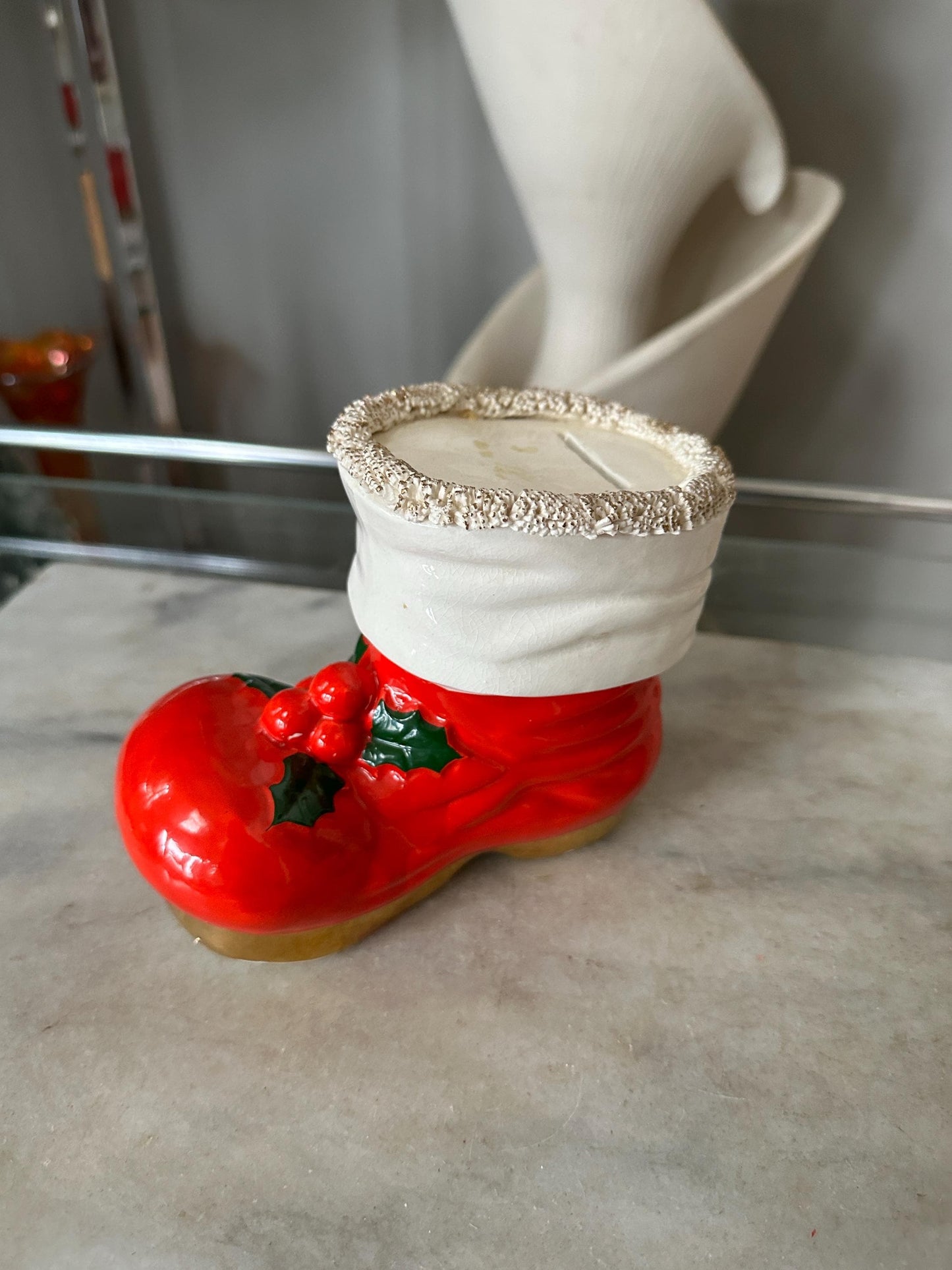 Vintage Ceramic Santa’s Boot Bank — Christmas Holiday Collectible, Kitschy Christmas, Retro Christmas
