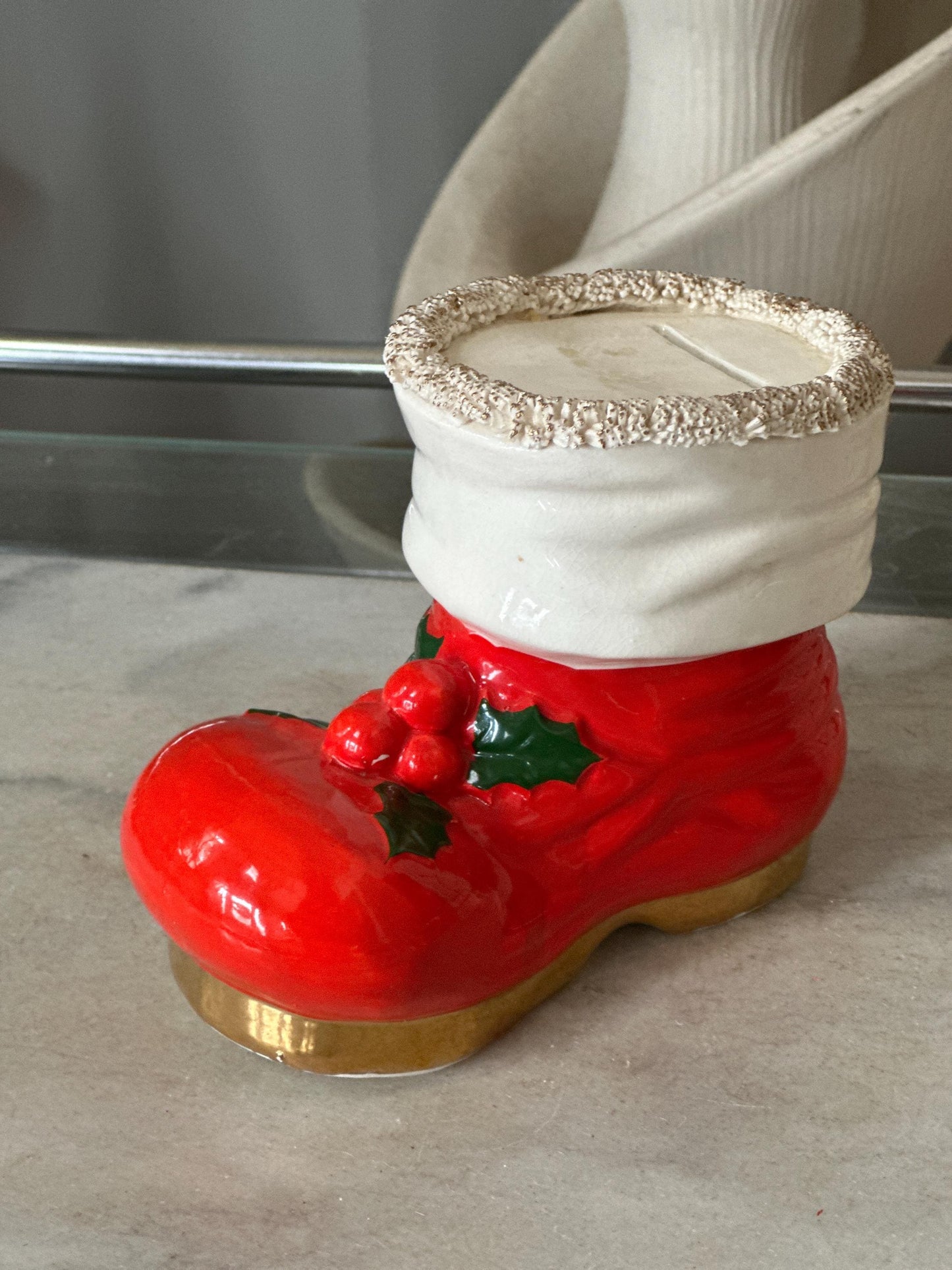 Vintage Ceramic Santa’s Boot Bank — Christmas Holiday Collectible, Kitschy Christmas, Retro Christmas